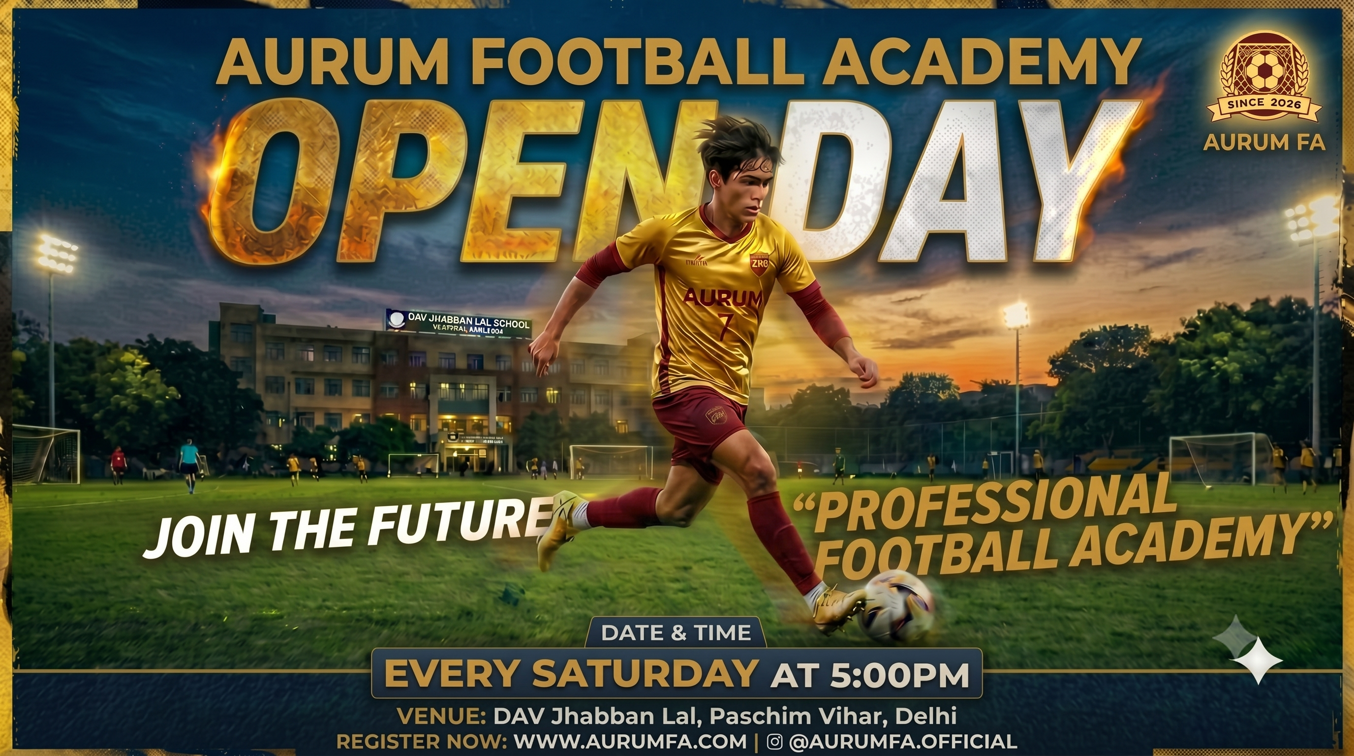Aurum FA Open Day poster — Every Saturday at 5 PM, DAV Jhabban Lal, Paschim Vihar, Delhi